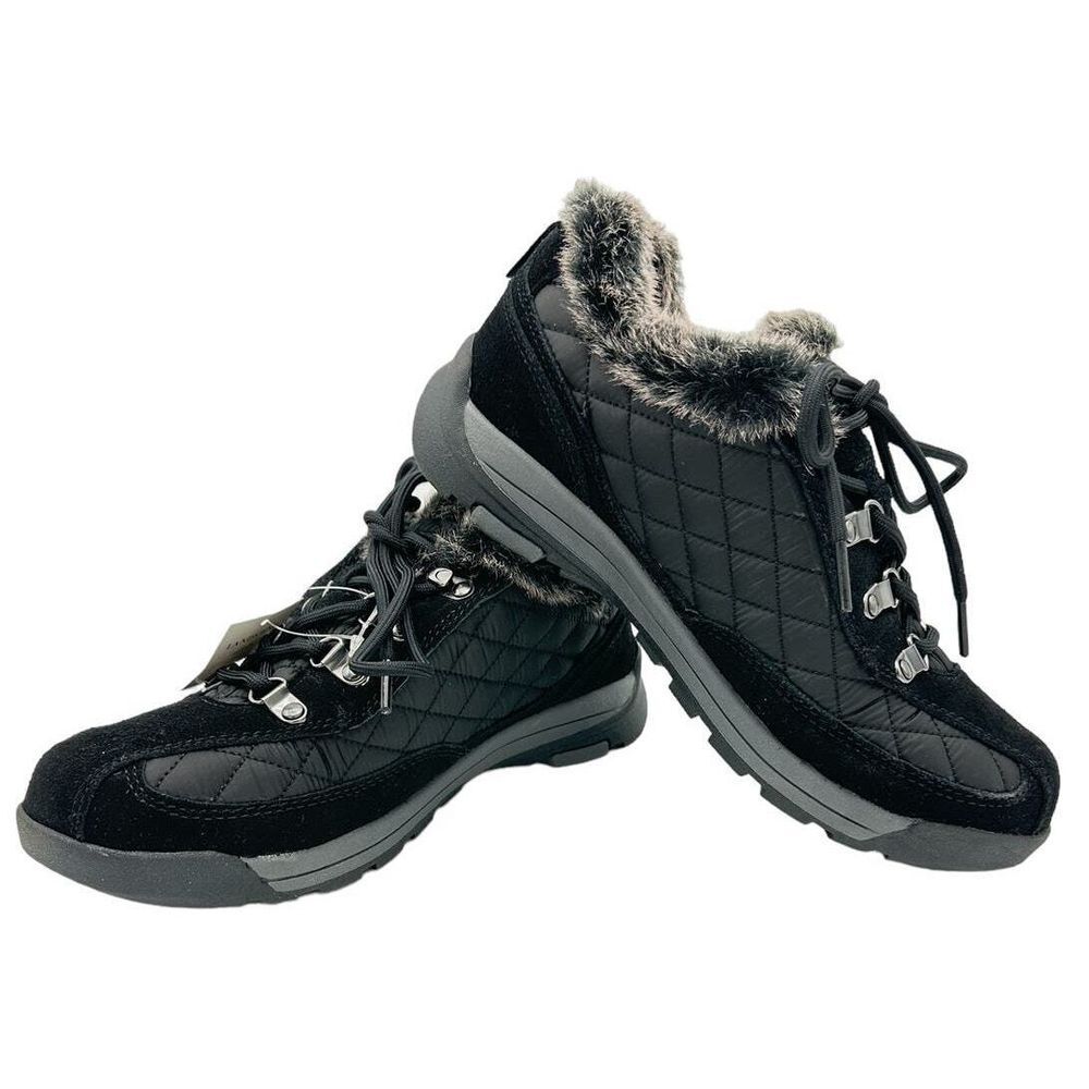Lands' End NWB SZ 8 Womens Faux Fur Lining Quilted Black Suede Powder Belle Shoe